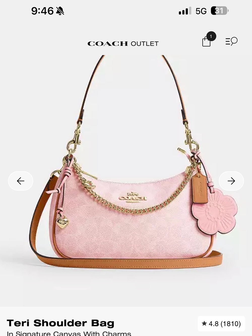 Coach Pink Signature Teri Shoulder Bag with Tan Trim
